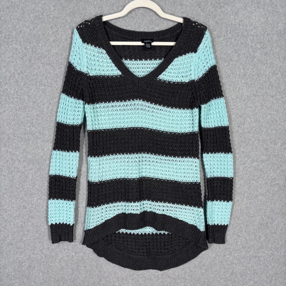 Rue 21 Y2K Open Knit Crochet Sweater Medium Turquoise Beachy Sheer Long Grunge